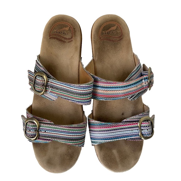 Dansko Sophie Sandals Heels Wedge Two Strap Buckle Multi Color Leather Comfort - Picture 5 of 9